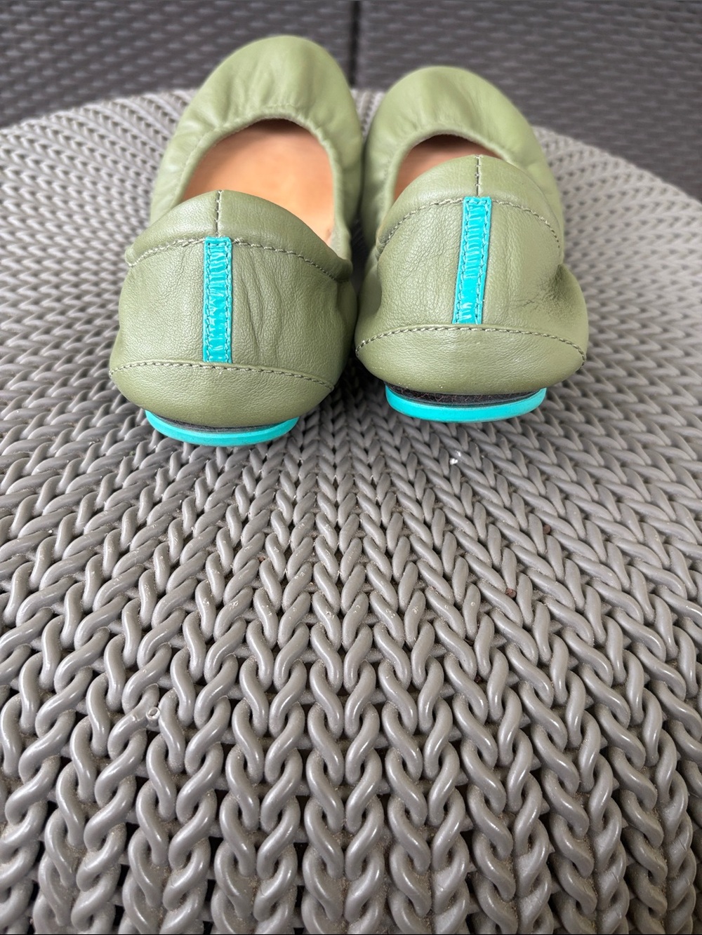 Tieks Olive Green Leather Ballet Flats with Turquoise Soles - Picture 2 of 6